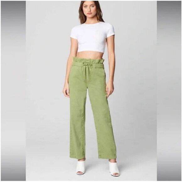 Blank NYC Paper Bag High Waisted Cinch Pants Size‎ Large Wide Leg Olive Green - Picture 1 of 14